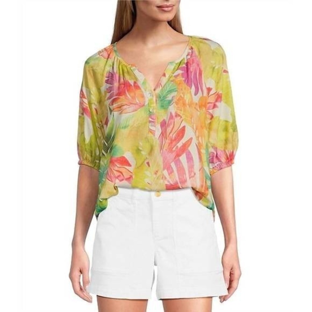 Tommy Bahama Tropicana Isle Linen Puff Sleeve Top Beachy Coastal Vacation L‎ B13